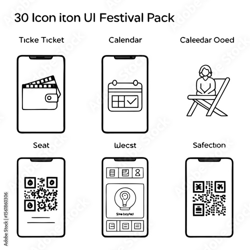 Collection of simple black and white line art icons representing festival ui elements on mobile phones including tickets calendar seating and qr codes for a modern digital experience