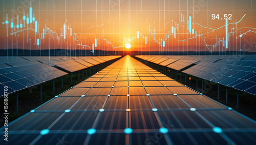 Solar energy farm with financial stock market data overlay at sunset