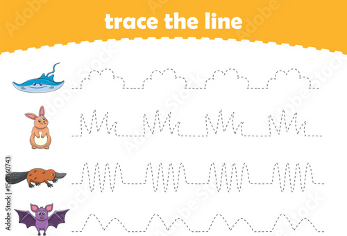 Handwriting Practice. Tracing lines for kids with animals. Vector Illustration