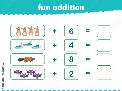 Game for children fun addition by counting cute wild animals pictures printable worksheet vector