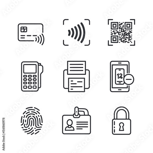 Nine Minimalist Line Art Icons Payment, Security, and Digital Identity