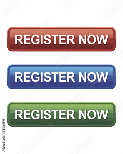 Simple Graphic Design Three 'Register Now' Buttons in Red, Blue, and Green