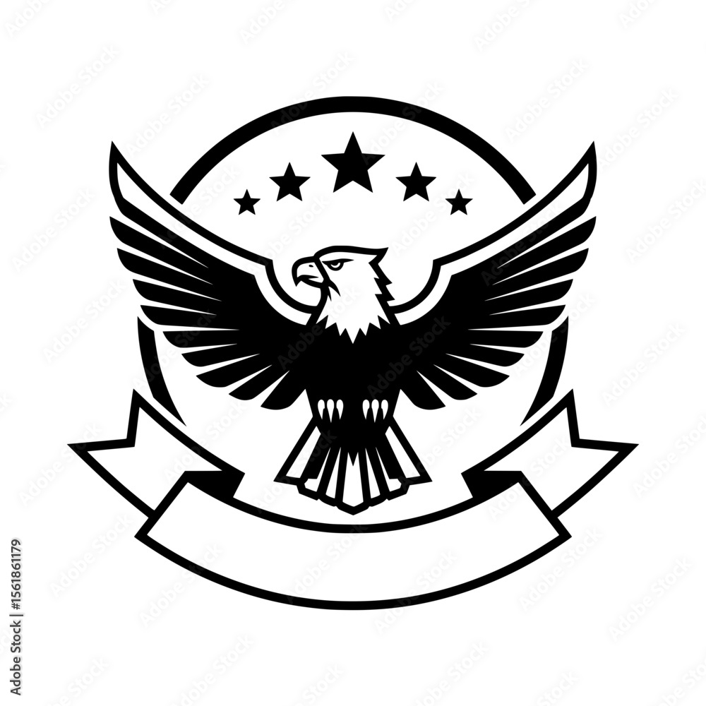 Obraz premium A silhouette illustration of an eagle with wide-spread wings, adorned with stars in a circular background and a blank ribbon at the bottom.