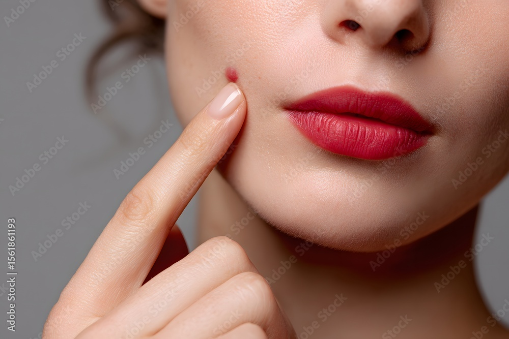 Obraz premium Female model touching a red acne spot on her cheek, full lips painted red, cropped face image with neutral tone, best for cosmetic, medical skin care, or hygiene product promotions.