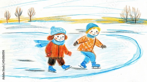 Two children skating on an outdoor ice rink in a hand drawn illustration style