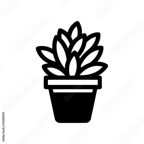 A simple silhouette illustration of a potted plant with lush leaves. 
