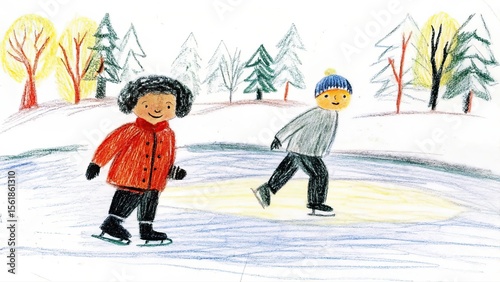 Two children ice skating on a winter day with trees in the background drawing