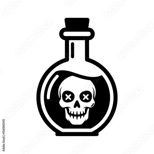 A black vector illustration of a round bottle with a cork stopper, containing a dark liquid with a skull symbol inside. 