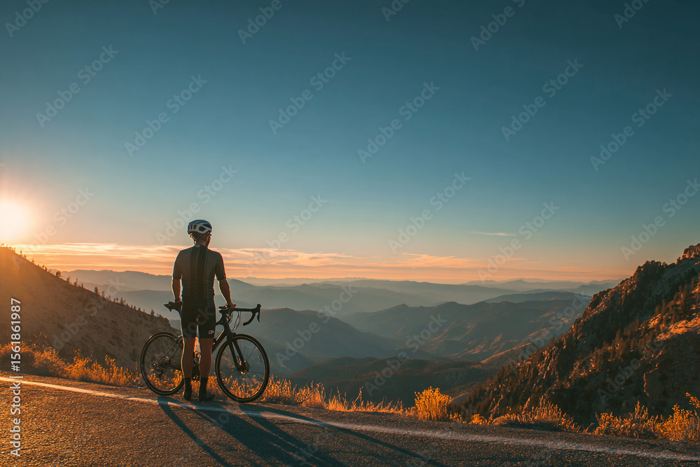 Fototapeta premium Cyclist standing beside a road bike overlooking vast mountainscape, helmet in hand, shadows long from early morning light