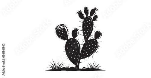 Prickly pear cactus with fruit and spikes in a black and white silhouette