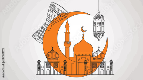 muharram celebration icons including crescent moon with arabic calligraphy, mosque silhouettes, ashura labels and festive lanterns