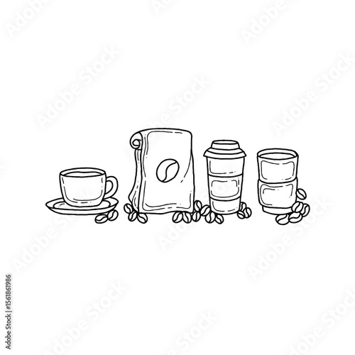Coffee Cup, Bag, and To-Go Cups Illustration