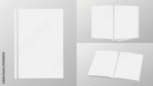 Minimalist Hardcover Book Mockup Vector Featuring Front, Open, and Angled Spine Views on a Clean Background