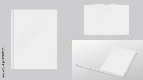Minimalist Hardcover Book Mockup Vector Featuring Front, Open, and Angled Spine Views on a Clean Background