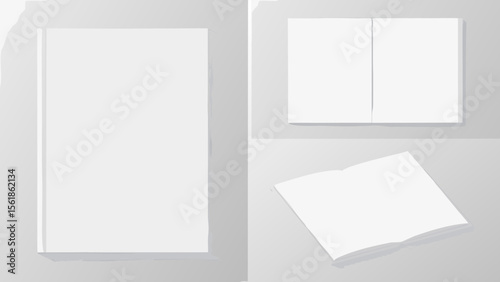 Minimalist Hardcover Book Mockup Vector Featuring Front, Open, and Angled Spine Views on a Clean Background