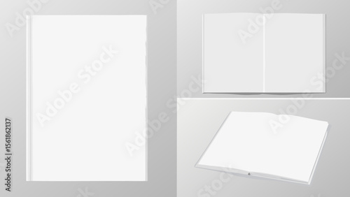 Minimalist Hardcover Book Mockup Vector Featuring Front, Open, and Angled Spine Views on a Clean Background