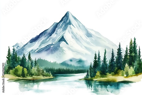 Watercolor sketch of a snow-capped mountain with a green forest and river, isolated on a white background