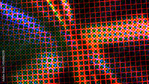 Abstract halftone pattern with red, blue, and green dots forming a grid on a dark background, creating a digital and glitch aesthetic