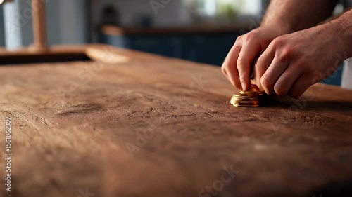 Stacks of coins on a wooden surface