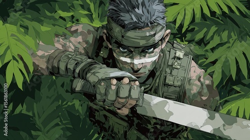 Soldier with machete peers from jungle foliage, camouflaged face, ready for confrontation
