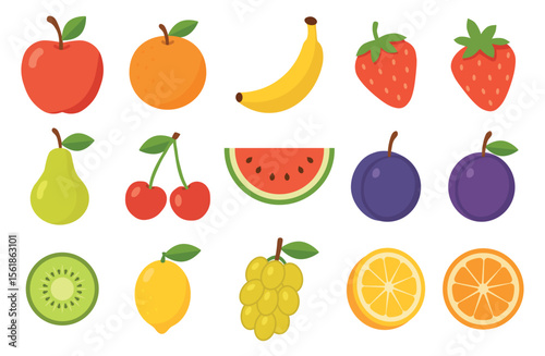 Colorful set of different fruits in flat style, arranged in neat rows. Simple healthy food icons on white background. Perfect for stickers, fabric prints, packaging and children's design. Vector