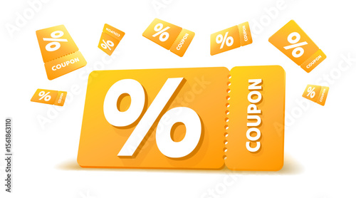 orange coupons with percentage fly away on white background. Vector illustration