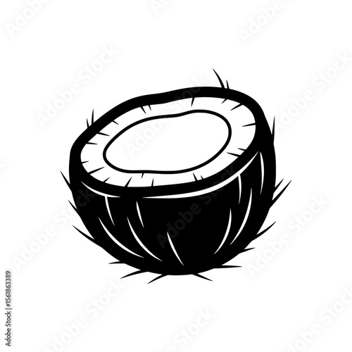 Black  vector illustration featuring a halved coconut with detailed husk texture and fruit flesh inside.
