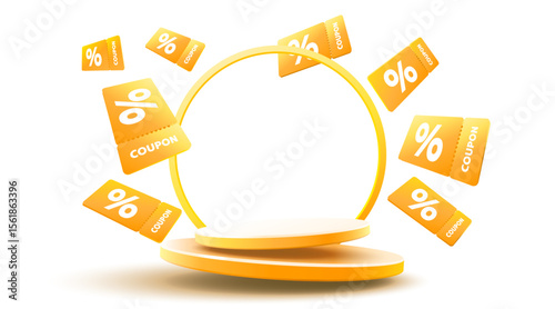 Orange coupons with percentage fly near podium. Vector illustration