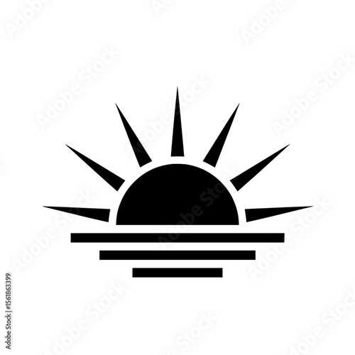 Minimalist black vector illustration featuring a half-circle sun with radiating rays above a calm water surface depicted with horizontal lines. 