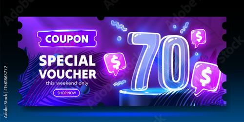 Coupon special voucher 70 dollar, Neon banner special offer. Vector