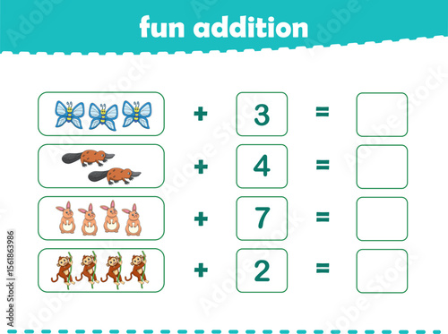 Game for children fun addition by counting cute wild animals pictures printable worksheet vector