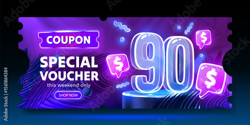 Coupon special voucher 90 dollar, Neon banner special offer. Vector