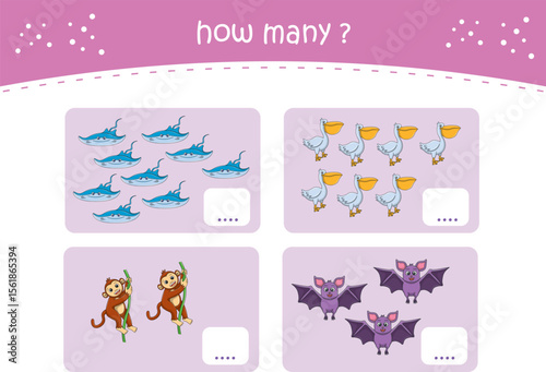 Count and match activity page for kids with cute wild animals. Elementary math for preschool and kindergarten. Vector illustration