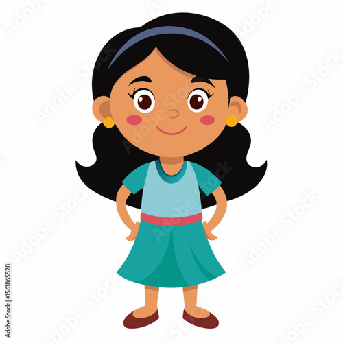 happy Latina girl, Latin girl, Hispanic girl, smiling girl, joyful child, cheerful girl, full body girl, full-length girl, standing girl, cartoon girl, child character, Latina kid, white background, f