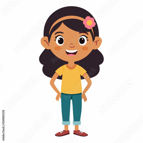 happy Latina girl, Latin girl, Hispanic girl, smiling girl, joyful child, cheerful girl, full body girl, full-length girl, standing girl, cartoon girl, child character, Latina kid, white background, f
