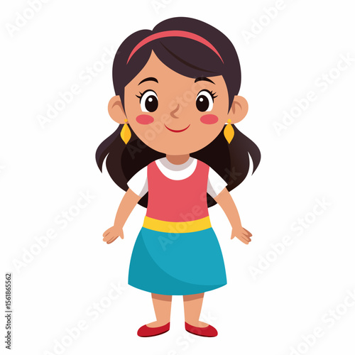 happy Latina girl, Latin girl, Hispanic girl, smiling girl, joyful child, cheerful girl, full body girl, full-length girl, standing girl, cartoon girl, child character, Latina kid, white background, f