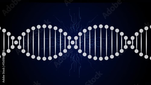 Futuristic illustration of white DNA double helix strands representing genomic science, molecular structure, bioinformatics, digital technology, genetics innovation, and biology data visualization.