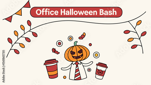 A festive halloween office bash scene with pumpkin head, coffee cups, and party decorations on a light background