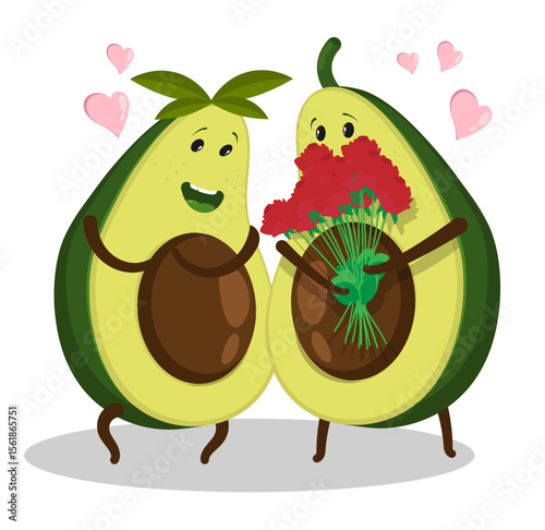 Embarrassed young avocado guy gives a bouquet of red flowers to his lover. Gives flowers on anniversary of relationship. Cartoon vector isolated on white background