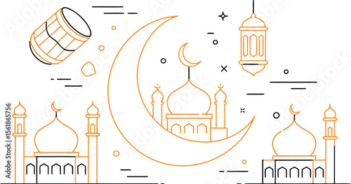 muharram celebration icons including crescent moon with arabic calligraphy, mosque silhouettes, ashura labels and festive lanterns