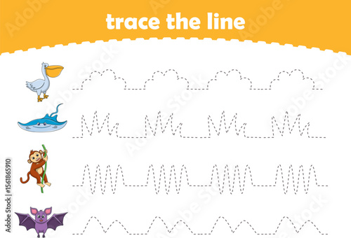 Handwriting Practice. Tracing lines for kids with animals. Vector Illustration