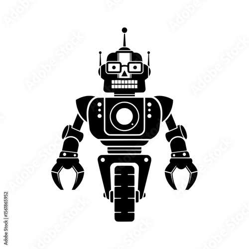 Unique and retro-styled black and white vector illustration of a robot, complete with glasses, antennae, and a wheel for legs. 