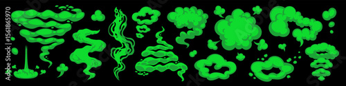 Smell cloud with toxic green gas, and stink cartoon smoke shapes in comic style. Fart and bad smell vector elements with vapor clouds. Perfect for funny design