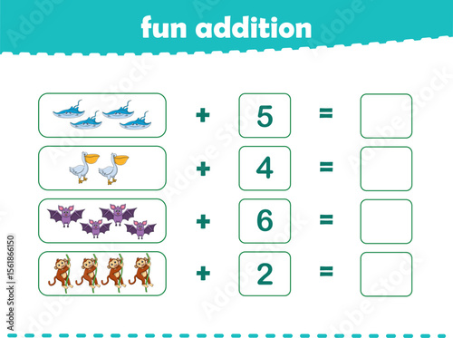 Game for children fun addition by counting cute wild animals pictures printable worksheet vector