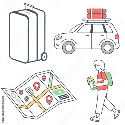 A collection of travel icons including a suitcase car with luggage on roof a folded map with pins and a person with a backpack and water bottle