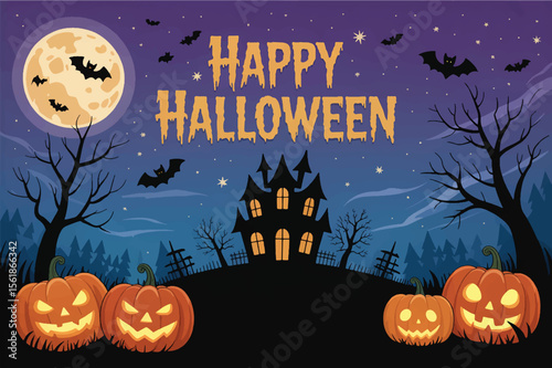 Halloween night background with pumpkins bats moon spooky silhouette