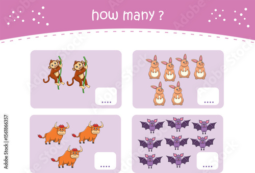 Count and match activity page for kids with cute wild animals. Elementary math for preschool and kindergarten. Vector illustration