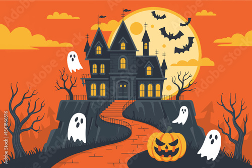 Halloween spooky night background with pumpkin haunted house bats and autumn trees