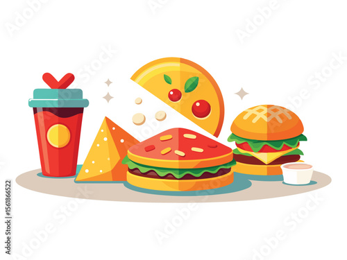 Assortment of fast food items including burgers pizza slice drink and fries isolated on white background
