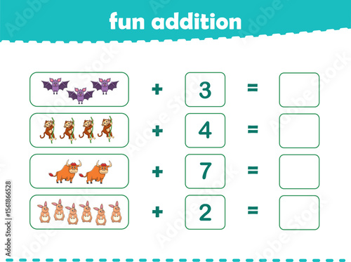 Game for children fun addition by counting cute wild animals pictures printable worksheet vector